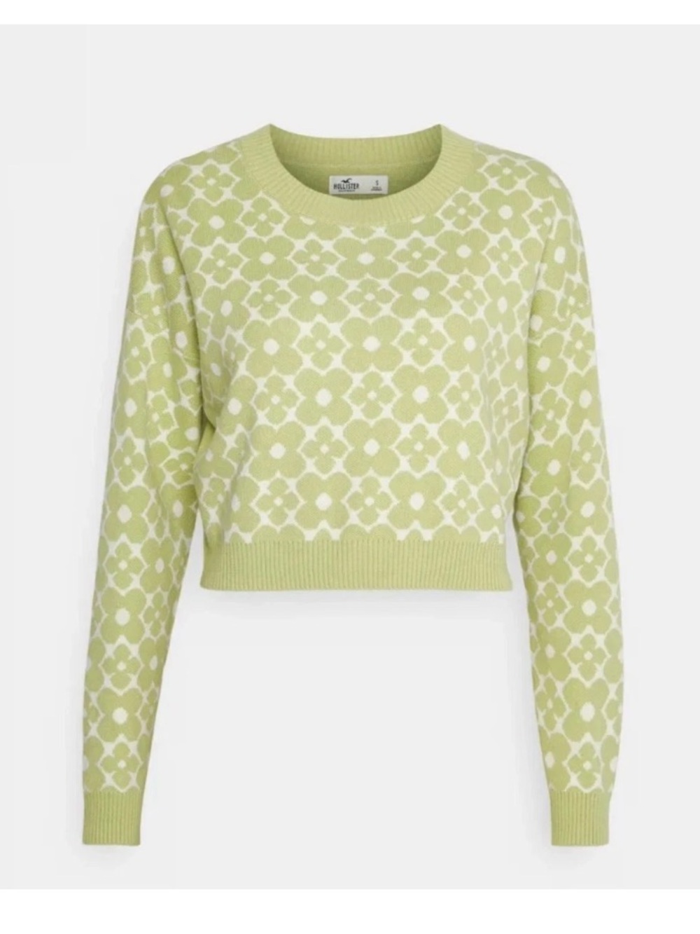 Hollister Crop Sweater Green Floral Size LG Retro Girlcore Y2K Pullover